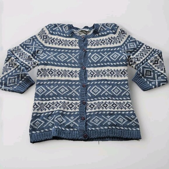 Over Pull Scandinavian Pattern Cardigan Womens L Blue White LS Cottage Lagenlook - Picture 9 of 14